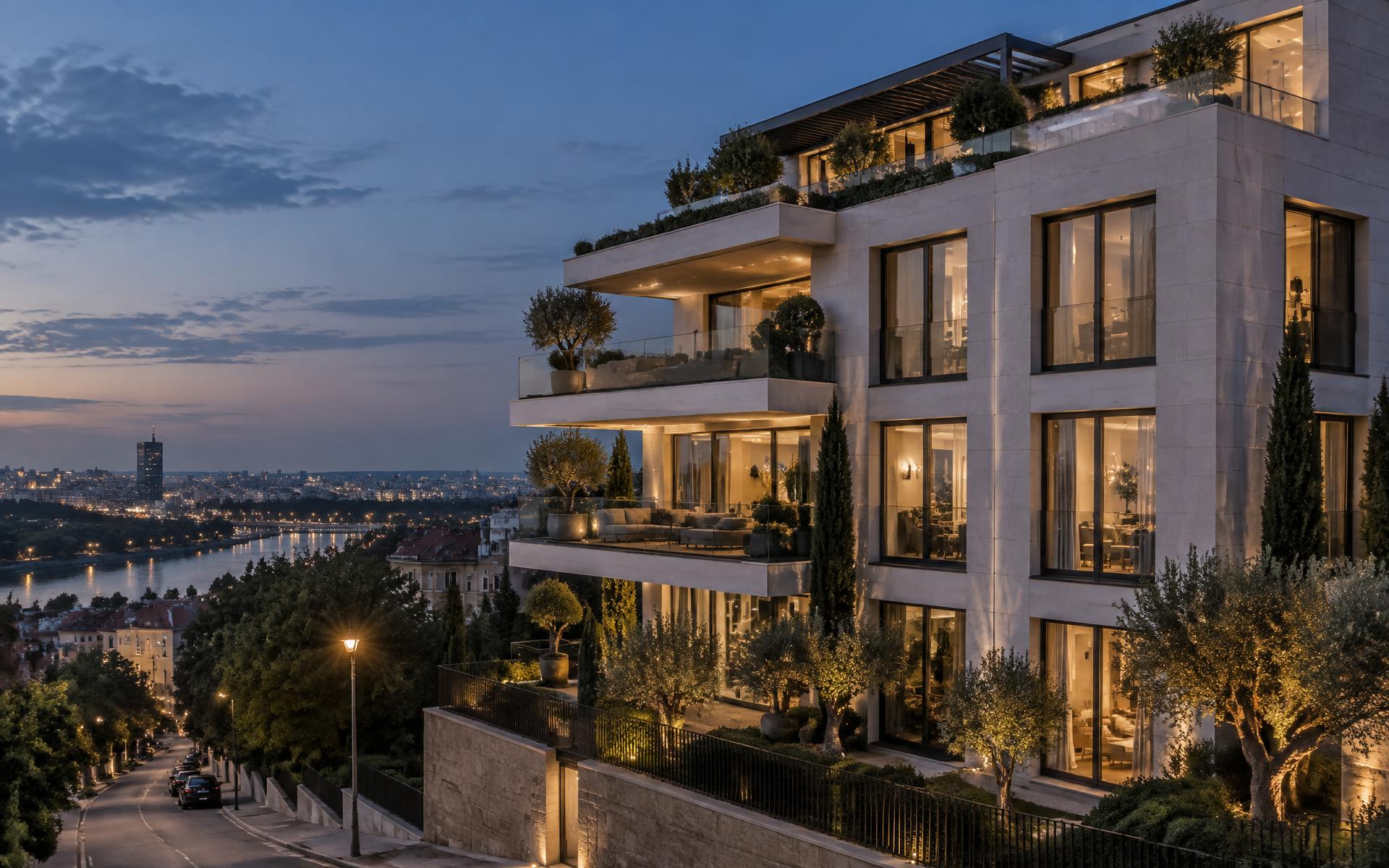 Panorama Residence na Savskom vencu u večernjem svetlu