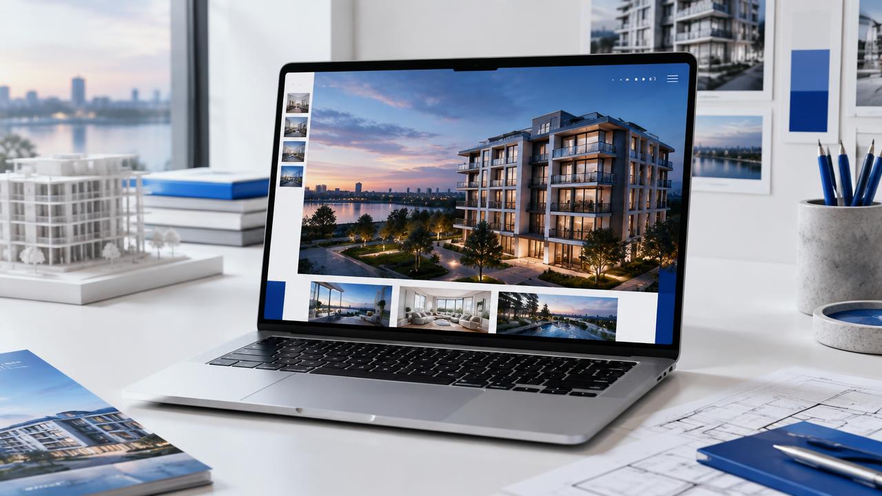 Prodajni sajt stambenog projekta prikazan na laptopu